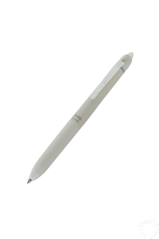 Erasable gel pen with white barrel and fine point, angled view
