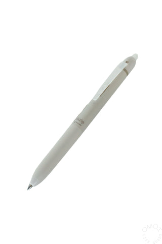 Erasable gel pen with white barrel and fine point, side angle
