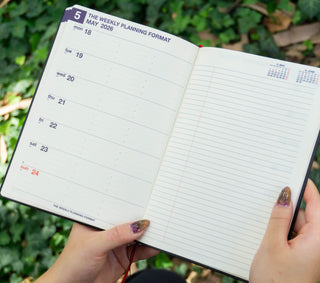 Open planner with weekly layout held by hands against a blurred green background