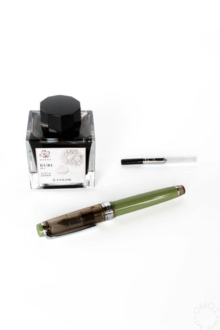 Set on Sailor chestnut fountain pen, bottle of ink, and converter