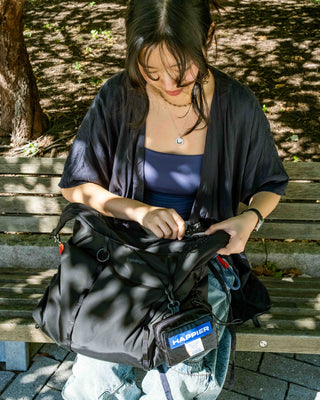 Black Topologie Cloud hobo bag with drawstring closure and HAPPIER front pocket