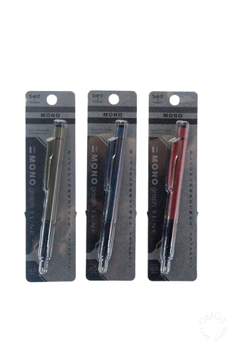Tombow MONO Graph Tune mechanical pencil blister packs in blue, red, and green