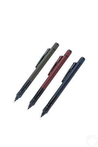 Three Tombow MONO Graph Tune mechanical pencils: deep green, deep red, deep blue