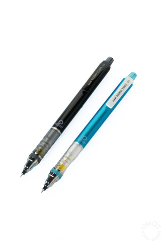 Two mechanical pencils, black and blue, see-through grip and metal tip