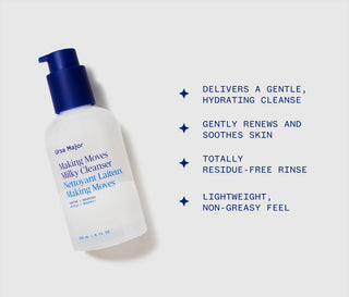 Ursa Major Milky Cleanser bottle with text about benefits on a white background
