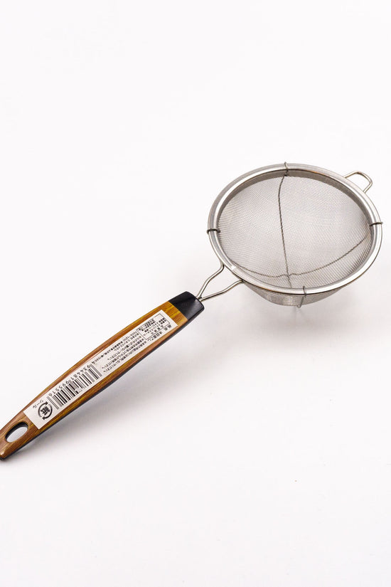 Fine mesh tea strainer with wooden handle and loop bail