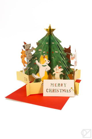 Dogs Dancing Around Tree Pop-Up Christmas Card