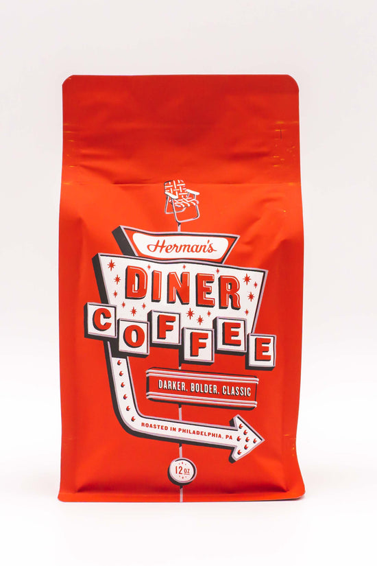 Red coffee bag with Herman's Diner Coffee label, 12oz.