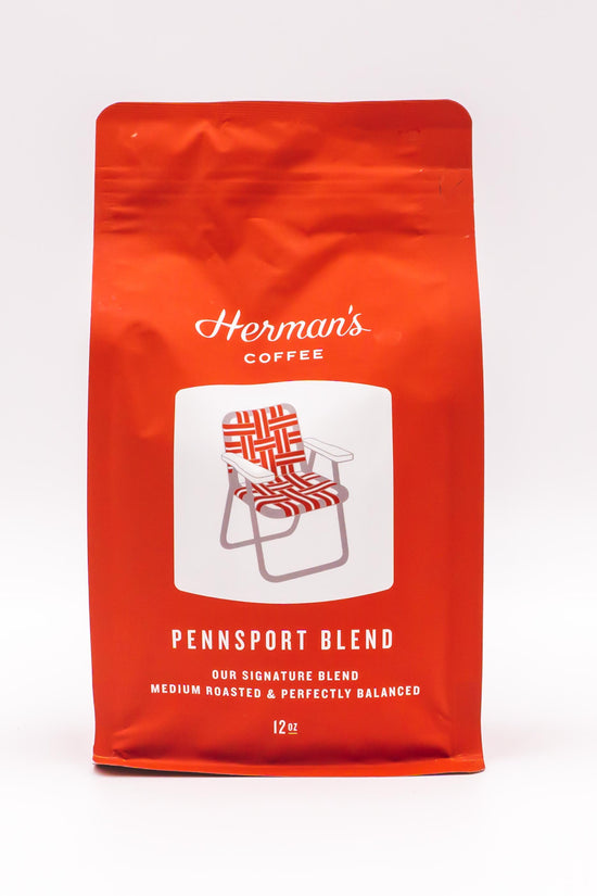 Red coffee bag with Herman's logo and Pennsport Blend label, 12oz